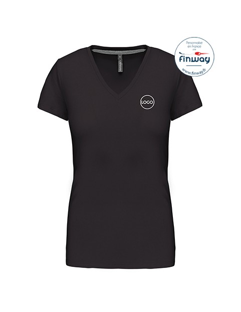 T-shirt femme manches courtes col V avec logo sur le coeur (marquage)