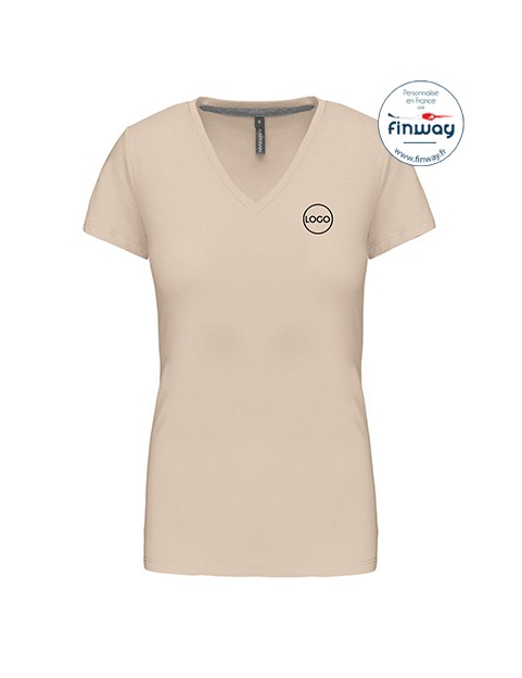 T-shirt femme manches courtes col V avec logo sur le coeur (marquage)