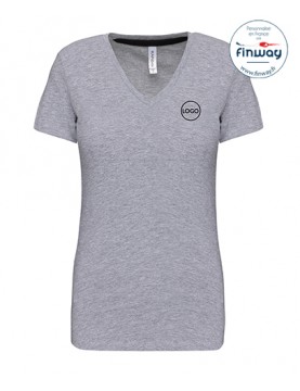 T-shirt femme manches courtes col V avec logo sur le coeur (marquage)