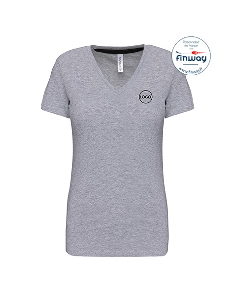 T-shirt femme manches courtes col V avec logo sur le coeur (marquage)