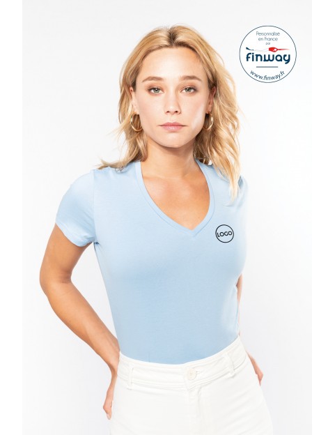 T-shirt femme manches courtes col V avec logo sur le coeur (marquage)